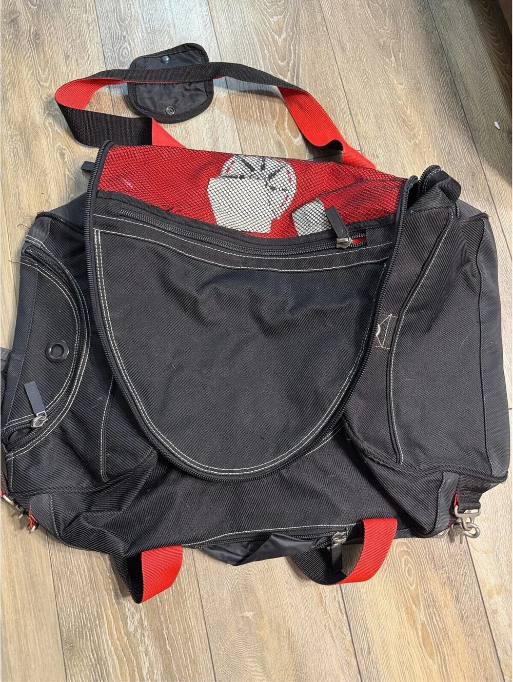 Black and Red Polyester Messenger Bag with Multiple Compartments